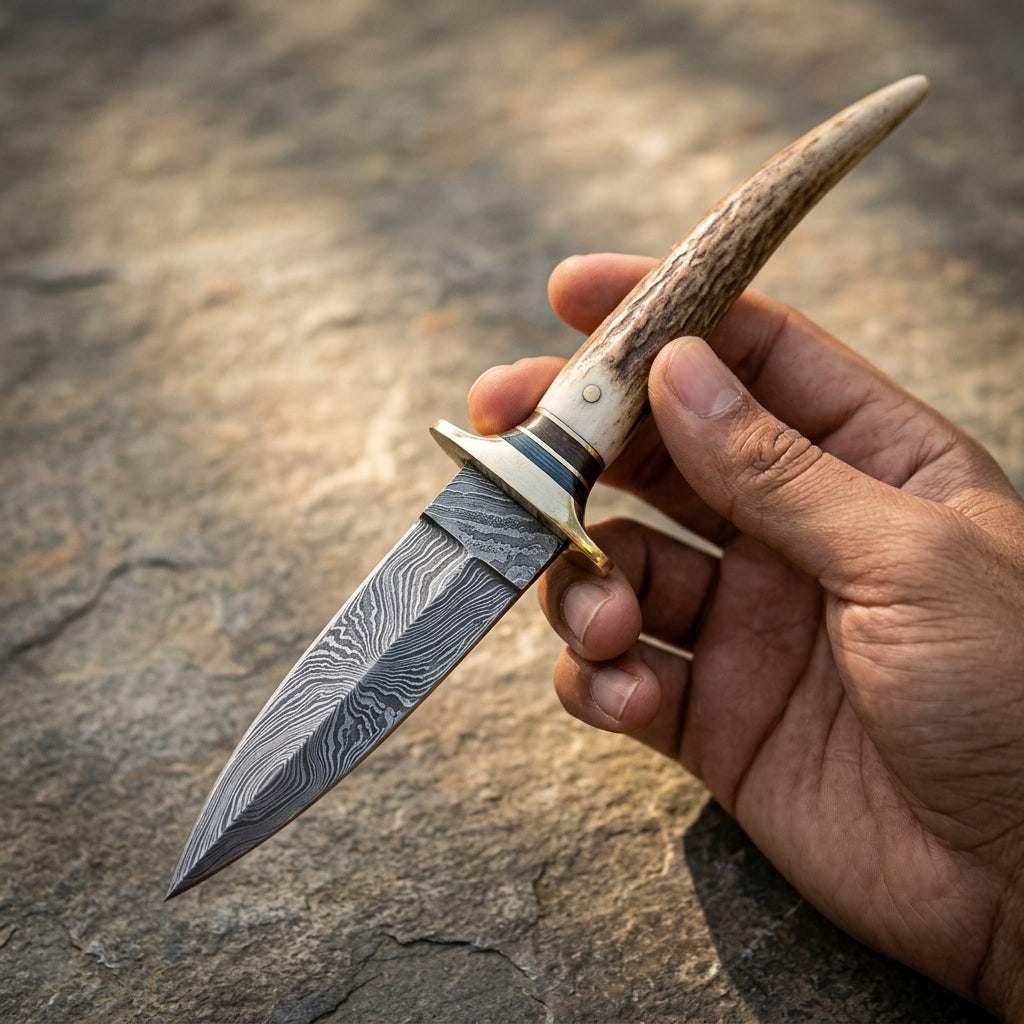 Close-up of Bone Damascus athame showcasing rippling Damascus steel blade and bone handle in natural lighting.