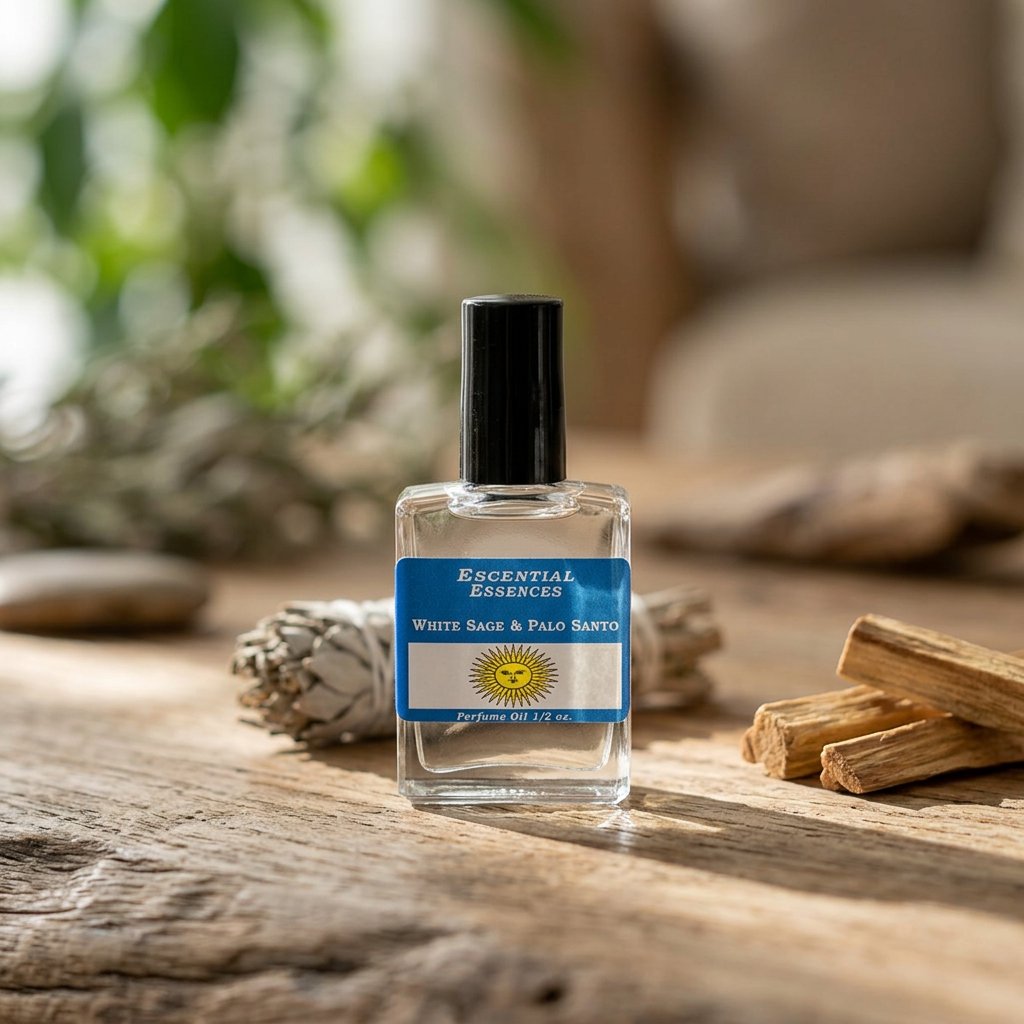 Photorealistic close-up of a 1/2oz white sage and Palo Santo essential oil bottle on a natural wood surface with soft morning light.