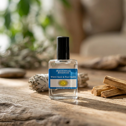 Photorealistic close-up of a 1/2oz white sage and Palo Santo essential oil bottle on a natural wood surface with soft morning light.