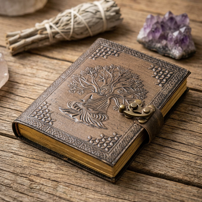 Close-up of Buddha Tree of Life wallet on wooden table, highlighting micro-details of aged leather, engraved motifs, and metallic latch with warm natural lighting.