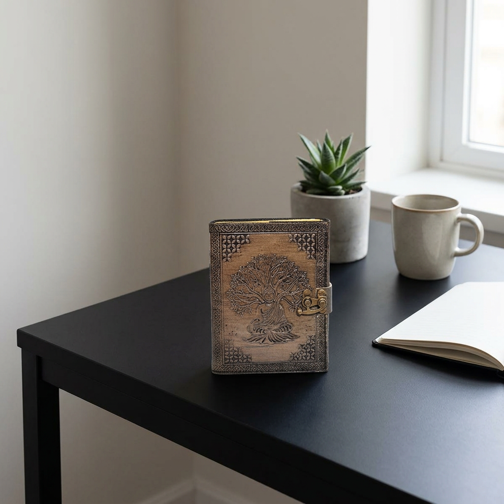 Full-body shot of small Buddha Tree of Life wallet on matte black desk in minimalist workspace, showcasing aged leather textures and secure latch with natural daylight.