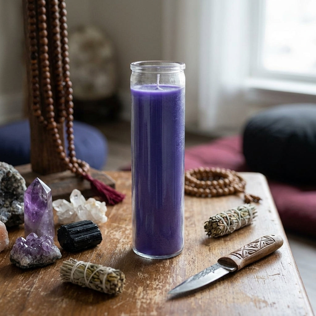 Realistic scene of a tiny purple jar candle on a sacred altar with crystals and ritual tools, in a cozy meditation corner.
