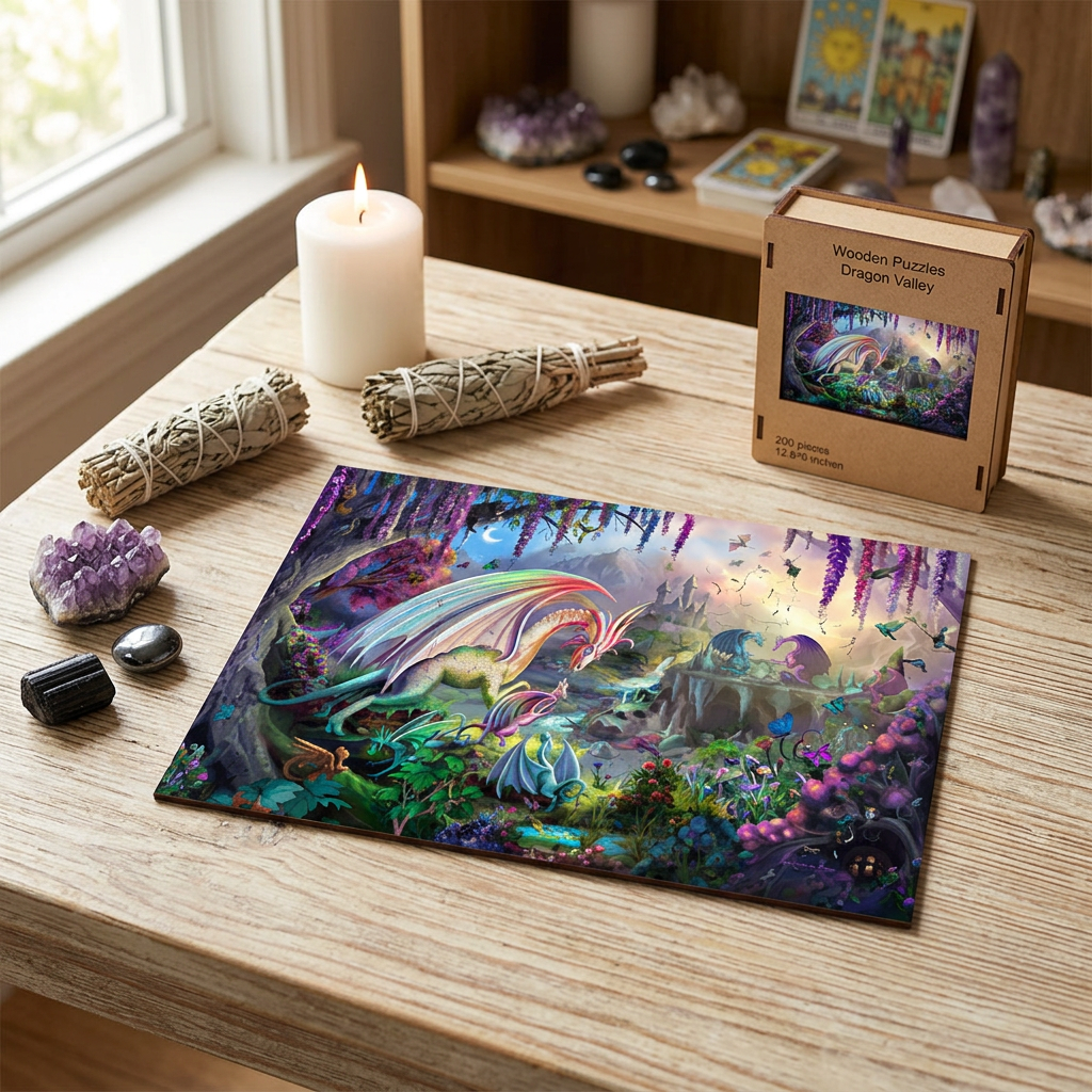 Completed small dragon wood puzzle displayed in a warm interior with metaphysical tools like candles, crystals, and sage.