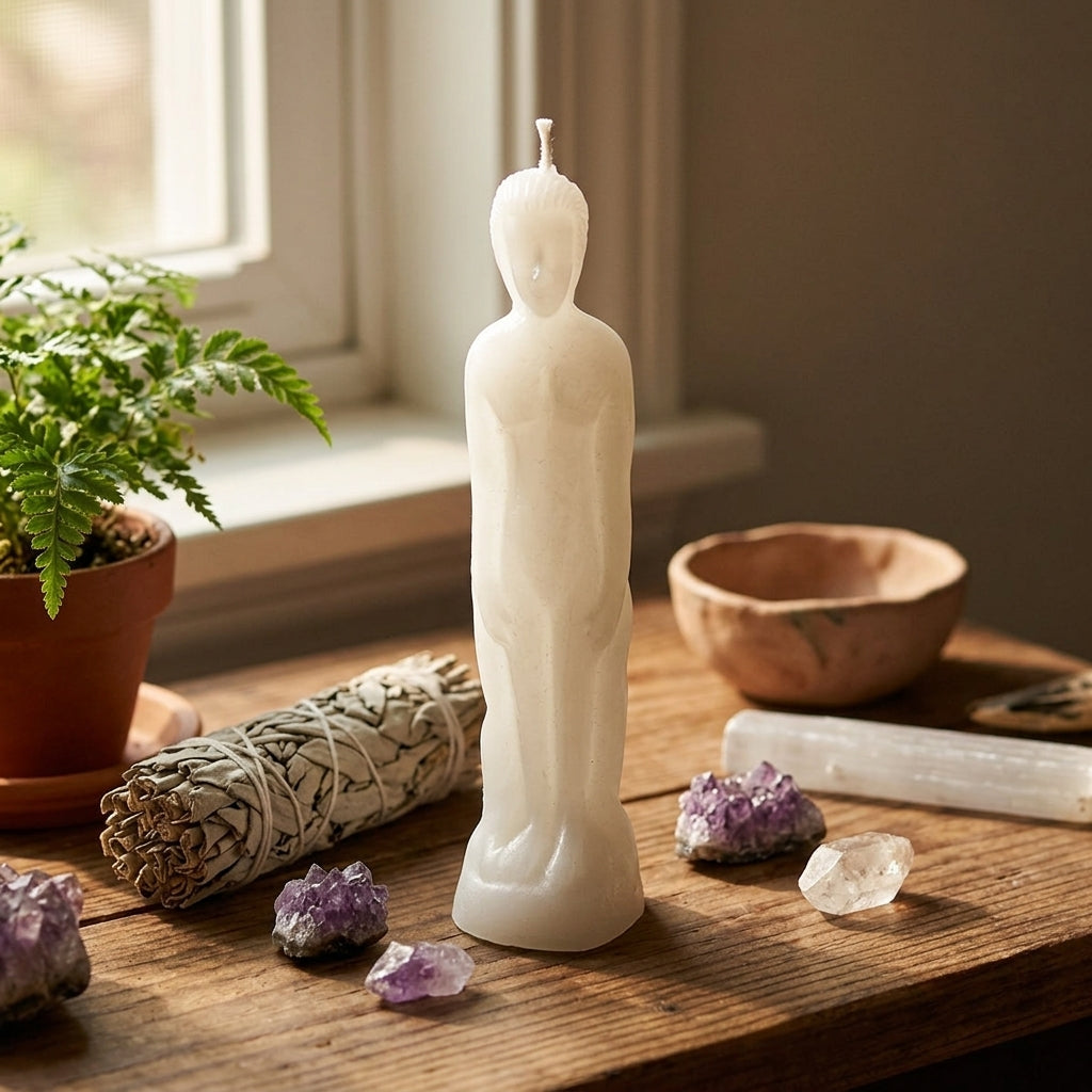 Scene of a tiny white protection candle on a rustic altar with sage, crystals, and plants, in a tranquil and sacred environment.