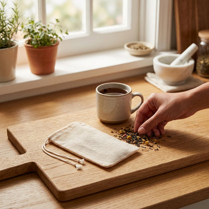 Full-body scene of cotton tea bag in cozy kitchen with herbal tea leaves, showcasing a peaceful, minimalistic environment.