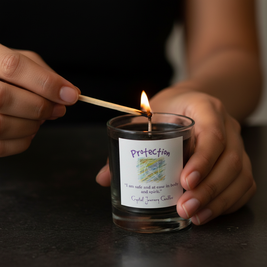 Crystal Journey Candles Protection Candle, shown in use