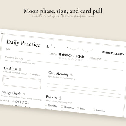 Close-up of the moon phase, moon sign, and card pull sections of the Daily Practice Page