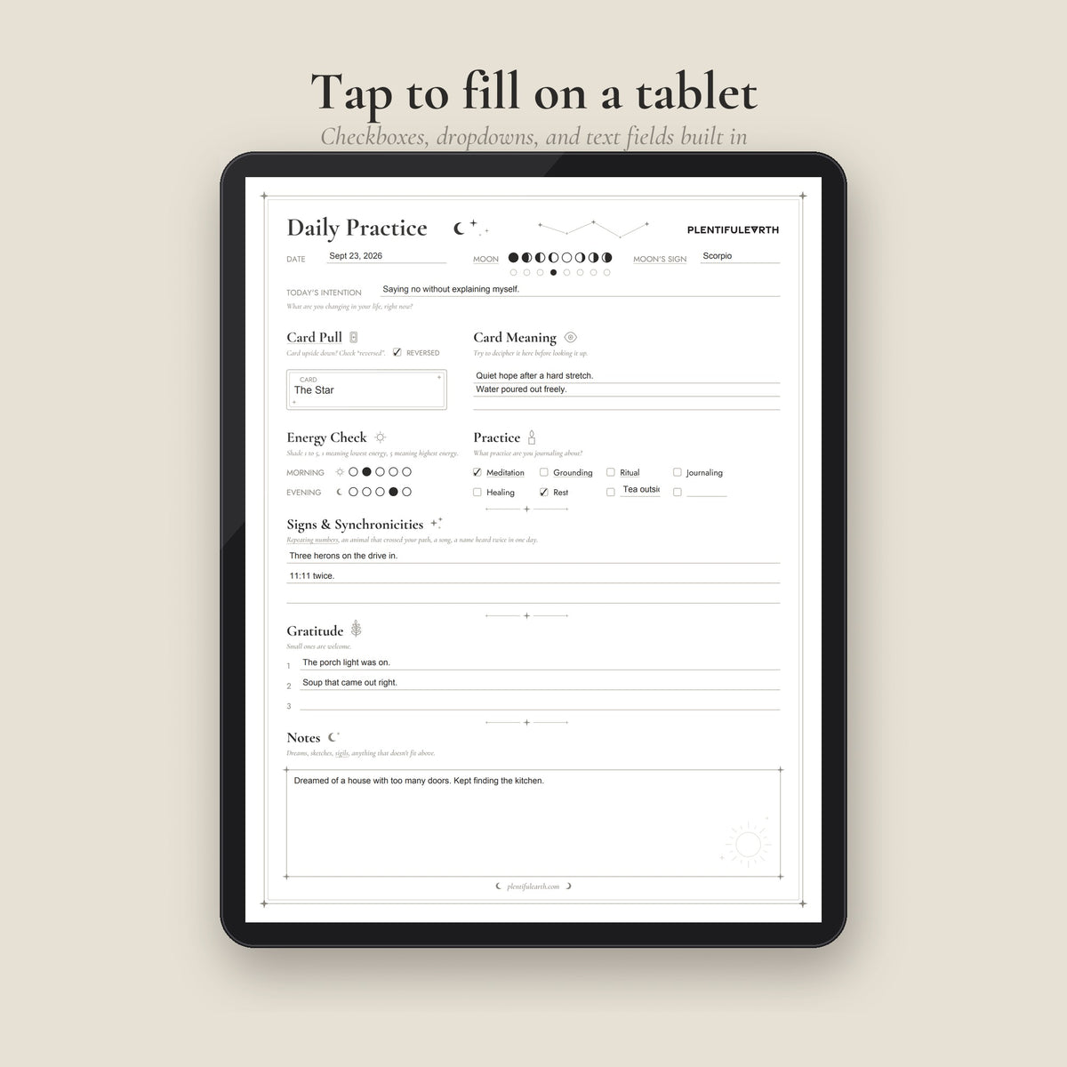 Daily Practice Page fillable PDF shown filled in on a tablet