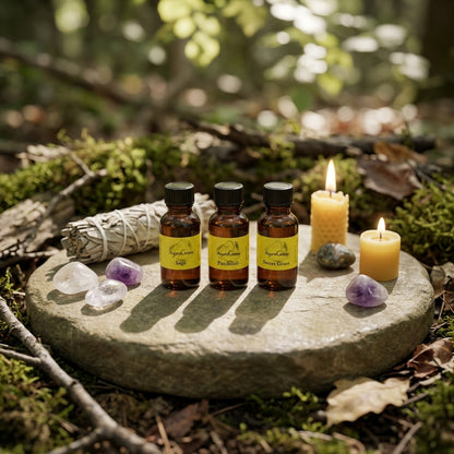 Full-body scene of Dark Musk Oil bottle on stone altar among ritual items like sage, crystals, and candles in natural light.