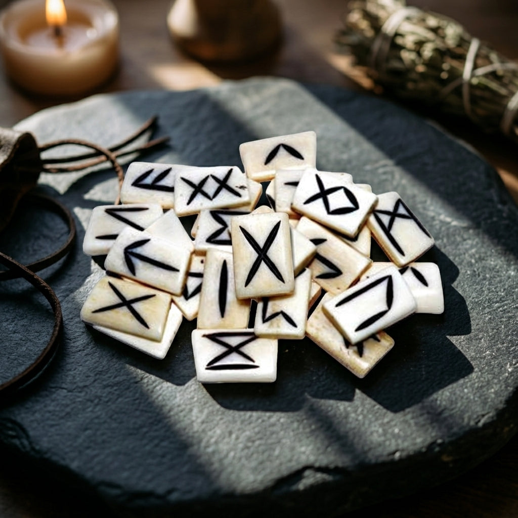 Detailed image of a bone rune with Elder Futhark symbols on a dark stone slab, lit to emphasize textured surface and micro-etched details in a ritual setting.