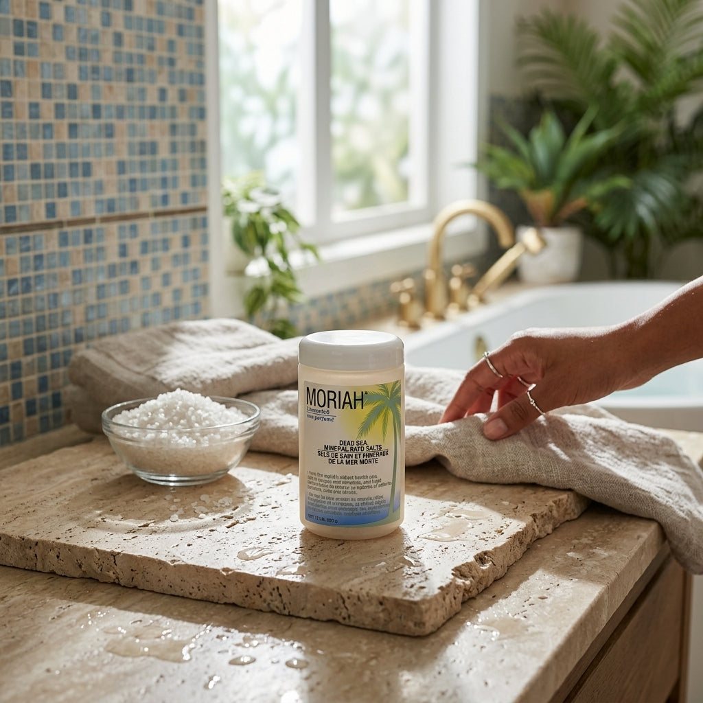 2 lb dead sea salt bag on natural stone surface in spa environment with lush greenery and flowing water.