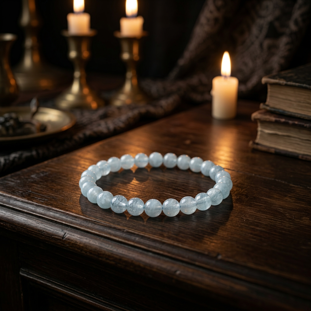 Petite 4mm aquamarine bracelet resting on dark wooden ritual altar, illuminated by candlelight, symbolizing spiritual protection and balance.