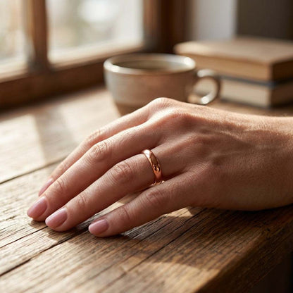 Person wearing a small copper magnetic size 10 ring on their finger, with natural light emphasizing its polished finish.
