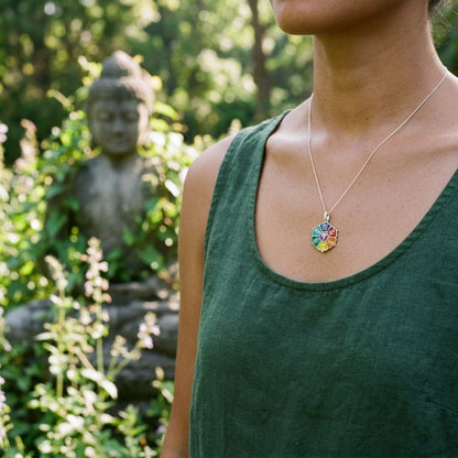 Tiny silver Om Mani Padme Hum Lotus pendant hanging from a chain against blurred green foliage, illuminated by gentle sunlight.