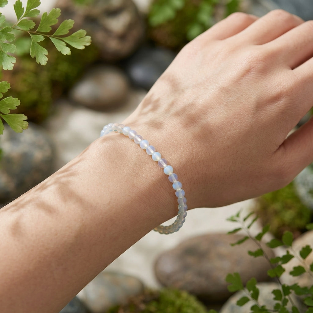 Close-up of Opalite healing bracelet, 4mm, worn on a tranquil hand, with soft daylight and natural background elements for a calming effect.