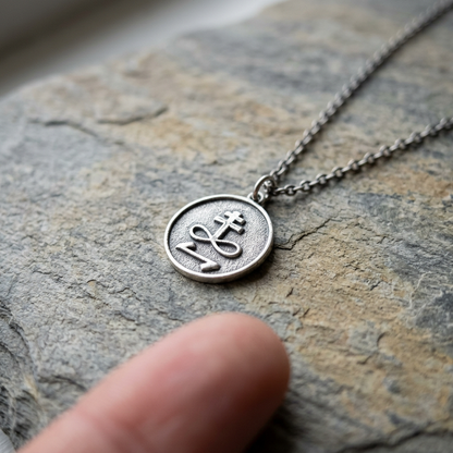 Photorealistic image of Destroy Enemies pendant on textured stone background, highlighting intricate design and subtle protection aura.