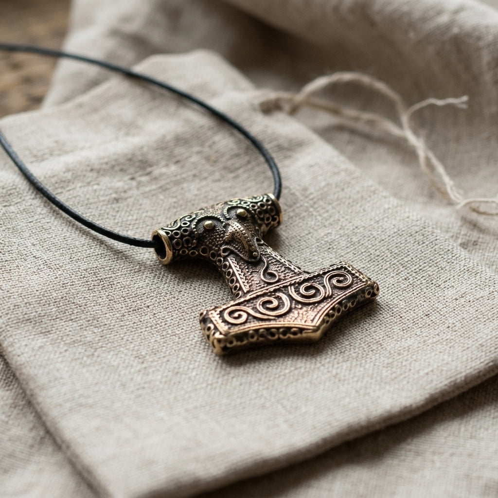 Close-up view of bronze Thor's Hammer pendant with raven's head, showing micro-textural details and craftsmanship.