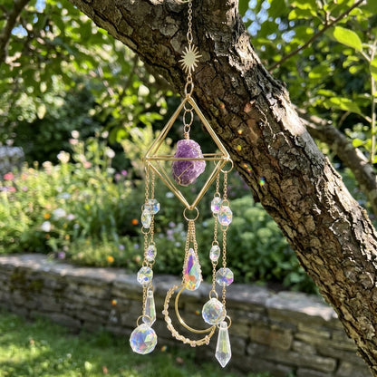 Macro shot of amethyst sun catcher on outdoor reflective surface showing crystal textures and purple hues with greenery in background.