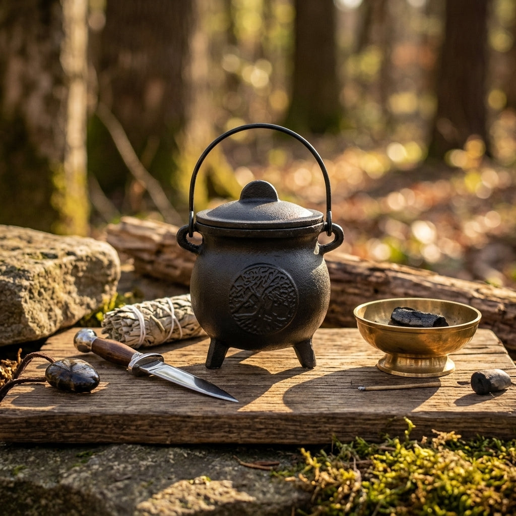 Black cast iron Tree of Life cauldron on metallic altar with ritual tools, illuminated by natural light in an outdoor sacred setting.