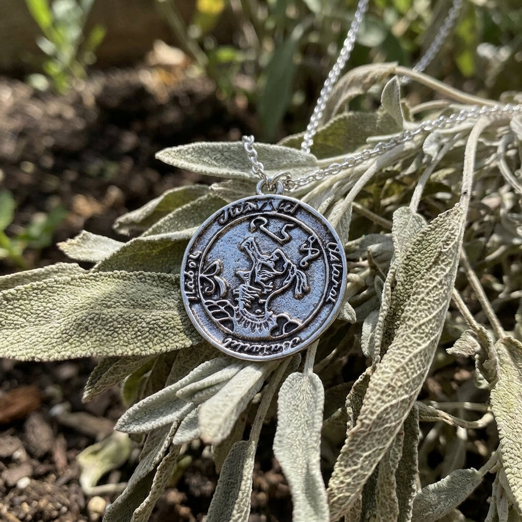Tiny Discover Secrets Amulet with engraved symbols resting on sage leaves in a sunlit garden.