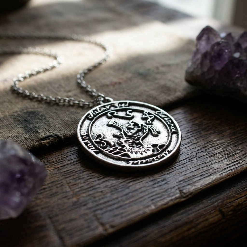 Close-up of the Discover Secrets Amulet with engraved protection symbols on a textured wooden surface.