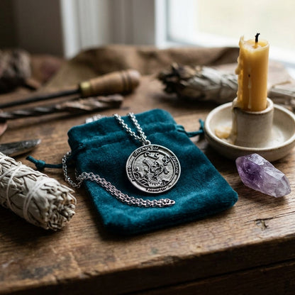 Full-body view of the Discover Secrets Amulet displayed on a velvet pouch with ritual tools on a sacred altar.