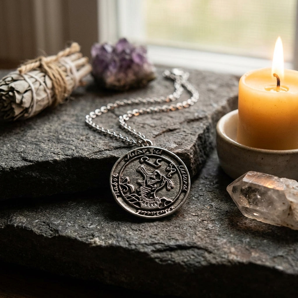 Discover Secrets Amulet placed on a stone altar surrounded by ritual items like Quartz and a candle.