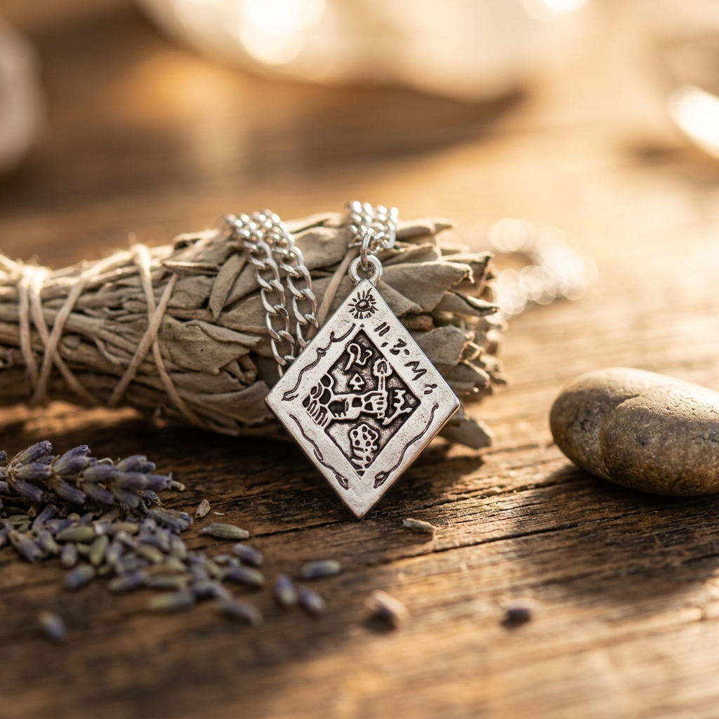 Photorealistic scene of Discover Treasures Amulet on smooth wood with warm lighting showcasing detailed sigil design.