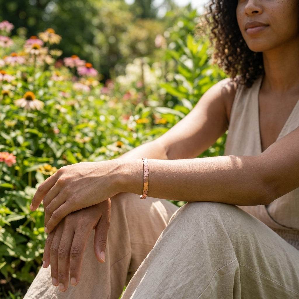 Biracial model outdoors in a garden with the copper cuff bracelet on their wrist, sunlit environment emphasizing its warm hue and minimal design.
