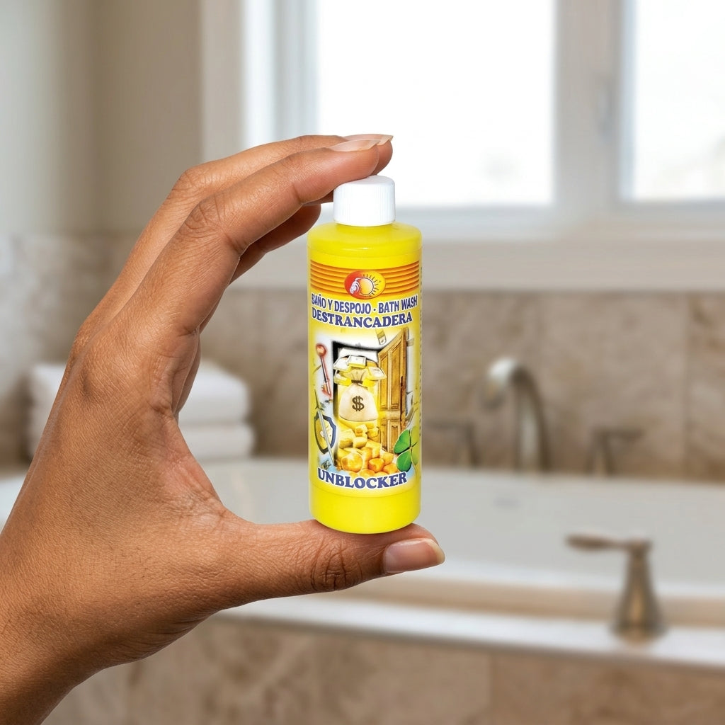 Close-up of a diverse-skinned hand holding a small 8oz Unblocker Ritual Wash bottle against a blurred bathroom background with natural light.