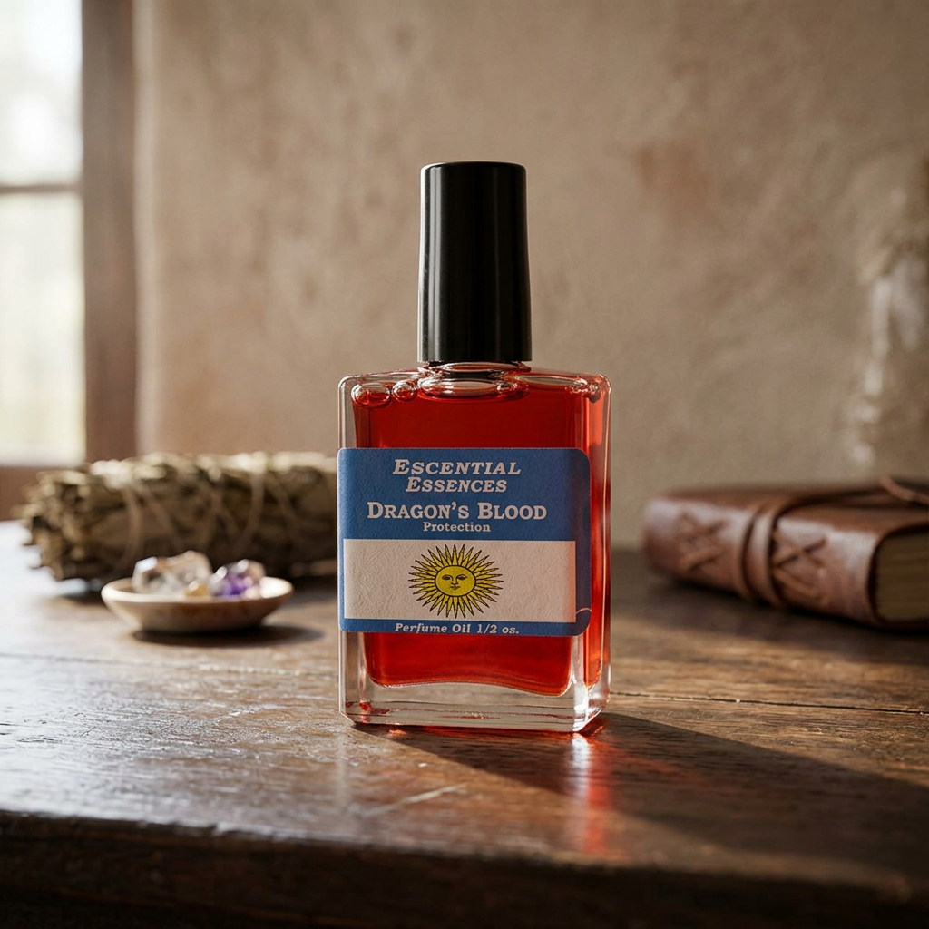 Close-up of Dragon's Blood Perfume Oil bottle on dark wooden surface, showcasing rich red oil and crisp glass details in soft natural light.