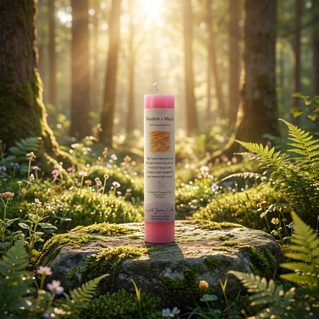 Small Reiki Charged Pillar Candle in a forest clearing at dawn, placed on mossy surface with natural sunlight highlighting the scene.