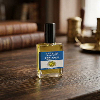 Photorealistic scene of 1/2oz Ebony Opium Perfume Oil bottle on textured dark wood, highlighting sleek glass and rich ebony oil in warm, cozy lighting.