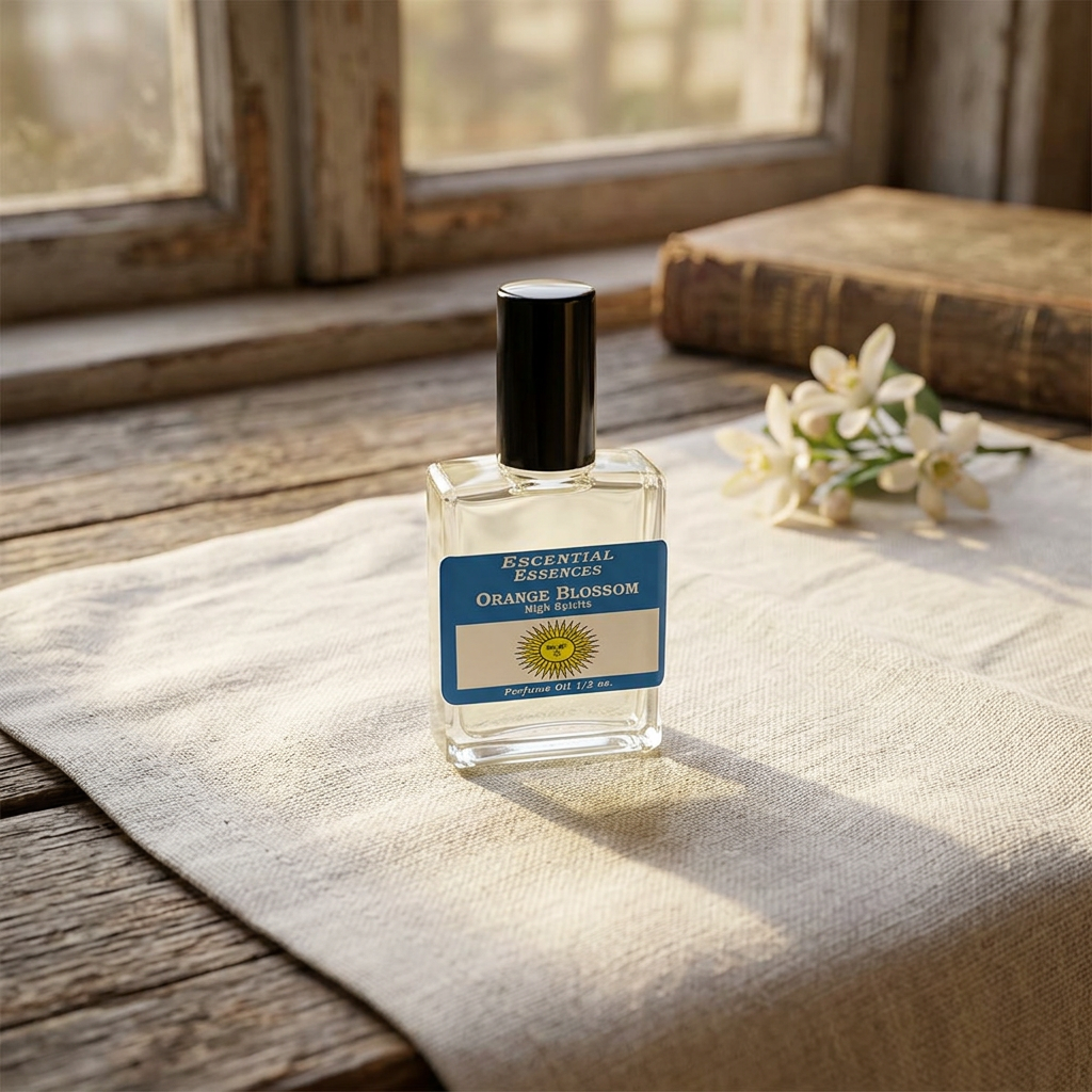 Full-body scene of the tiny perfume bottle on a white linen cloth atop a rustic wooden table, captured with warm diffused lighting and natural ambiance.