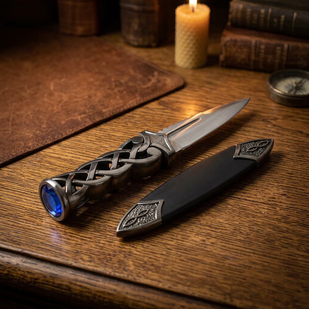 Full-body scene of a 8.5-inch Scottish athame with polished handle, vivid blue ruby, blood groove, placed on textured wooden table with leather scabbard.
