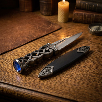 Full-body scene of a 8.5-inch Scottish athame with polished handle, vivid blue ruby, blood groove, placed on textured wooden table with leather scabbard.