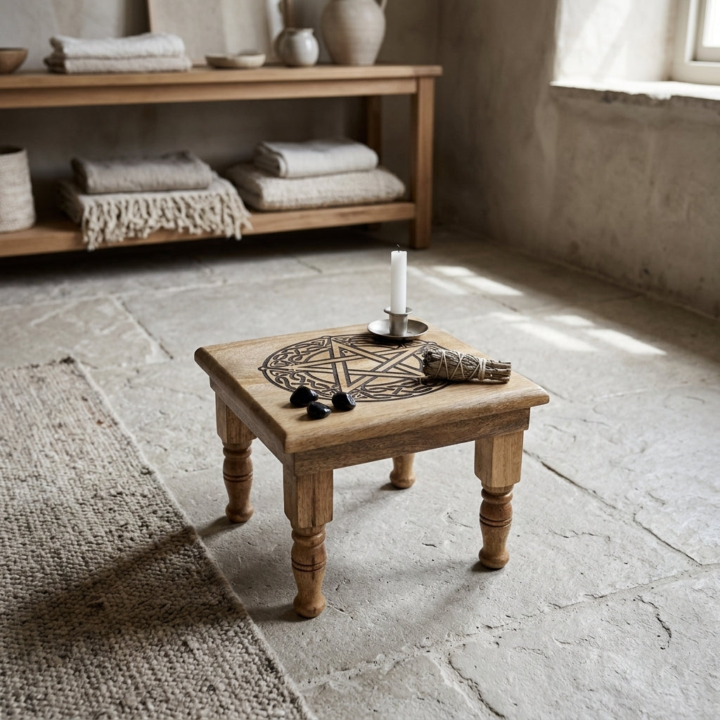 Hyper-realistic view from above of the sturdy altar table, highlighting the pentagram pattern and micro-wood grain in neutral lighting.