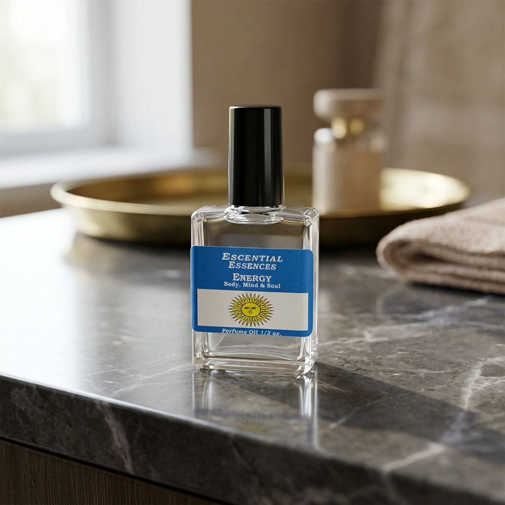 Close-up of 1/2oz Energy Perfume Oil bottle on dark marble with natural daylight highlighting minimalist design.