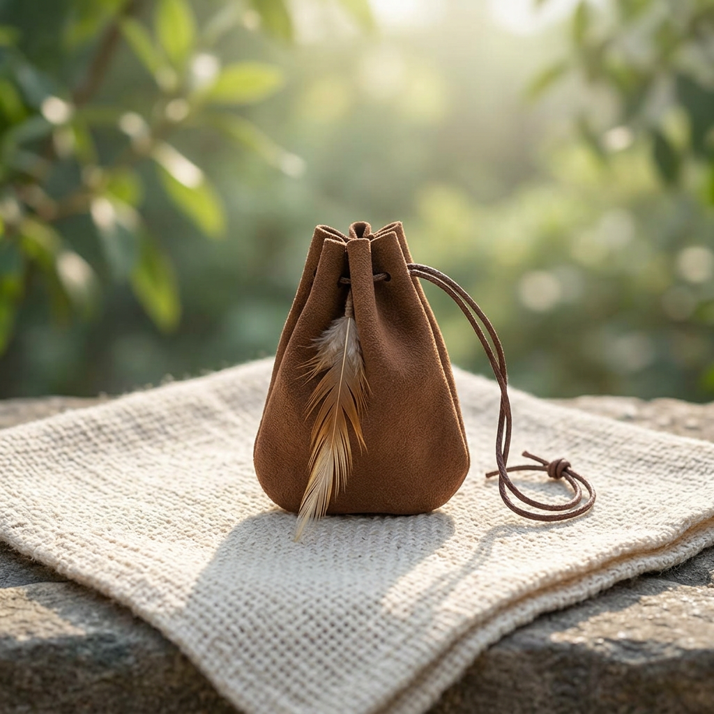 High-resolution shot of a small brown faux leather medicine bag resting on woven cloth with crystals, in a serene natural setting.