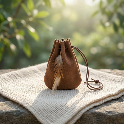 High-resolution shot of a small brown faux leather medicine bag resting on woven cloth with crystals, in a serene natural setting.