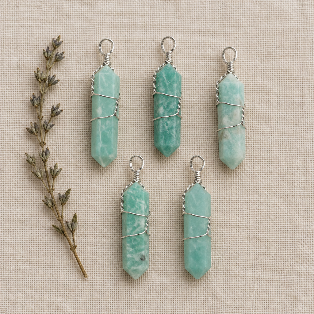 Five amazonite points on linen