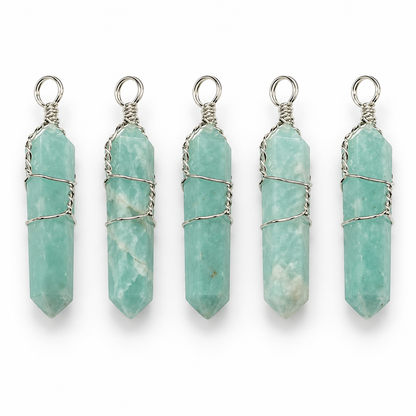 Five wire-wrapped amazonite points on white
