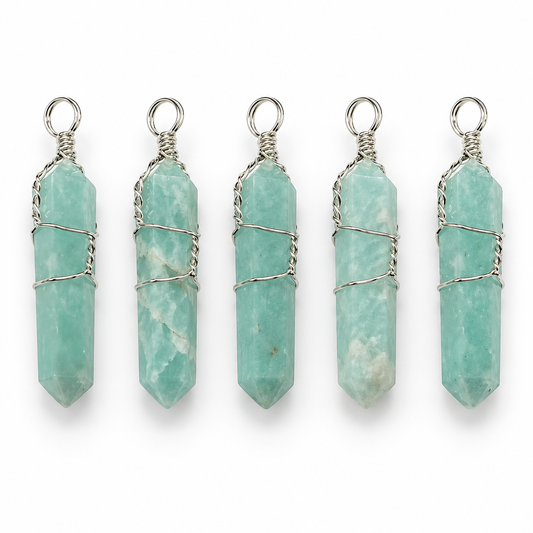 Five wire-wrapped amazonite points on white