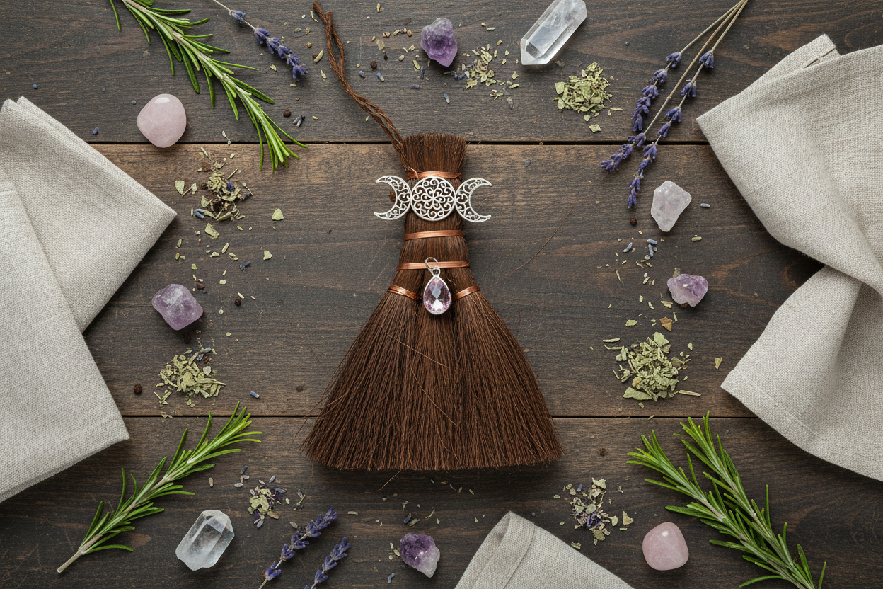 Flat Lay – Altar Triple Moon Broom 6"