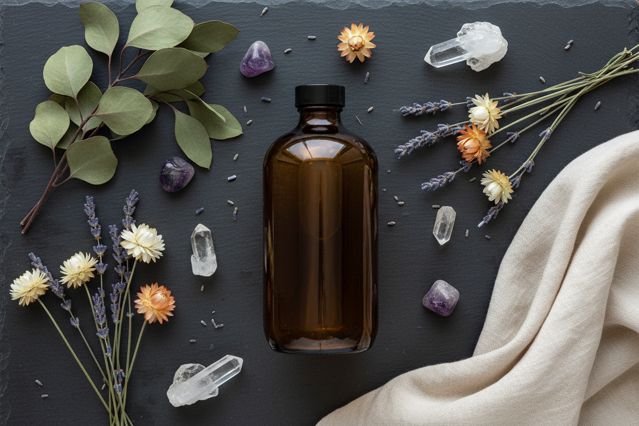Flat Lay — Amber Glass Bottle