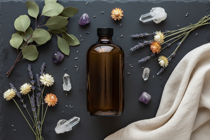 Flat Lay — Amber Glass Bottle