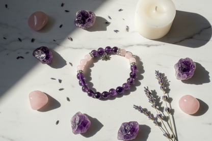 Flat Lay — Amethyst & Rose Quartz Lotus Bracelet
