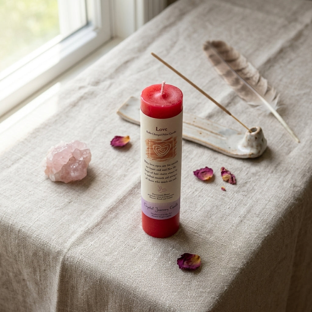 Flat lay of a small red Love Reiki Charged Candle surrounded by love-themed items like quartz, feather, and incense.
