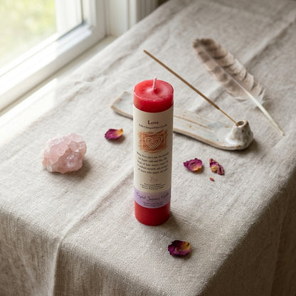 Flat lay of a small red Love Reiki Charged Candle surrounded by love-themed items like quartz, feather, and incense.