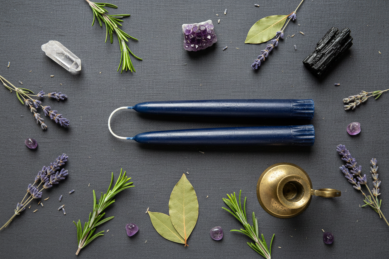 Flat Lay — Twin Navy Taper Candles